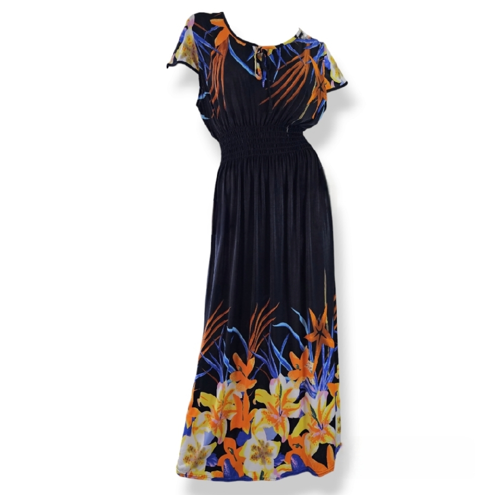 Black Multicolored Floral Scoop Neck Cinched Waist Maxi Dress By Karizma